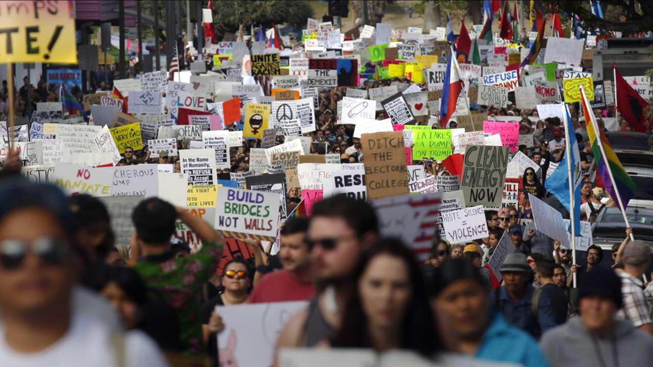 a vast crowd of protesters with signs and flags